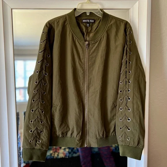 Haute Fox Jackets Coats Haute Fox Olive Green Lace Up Sleeve